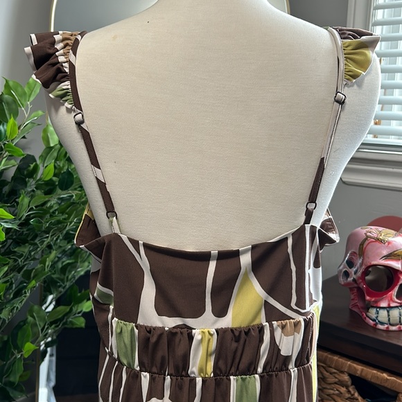 BCBG MaxAzria Brown Green Beige Ruffled Sleeveless Print Dress - Picture 5 of 7